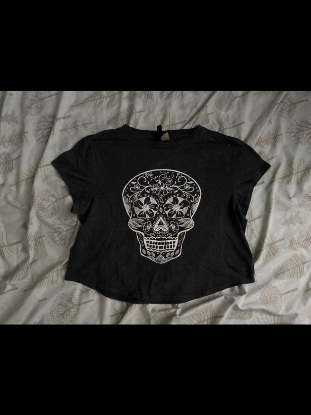 Black Cropped Tee with White Sugar Skull Graphic